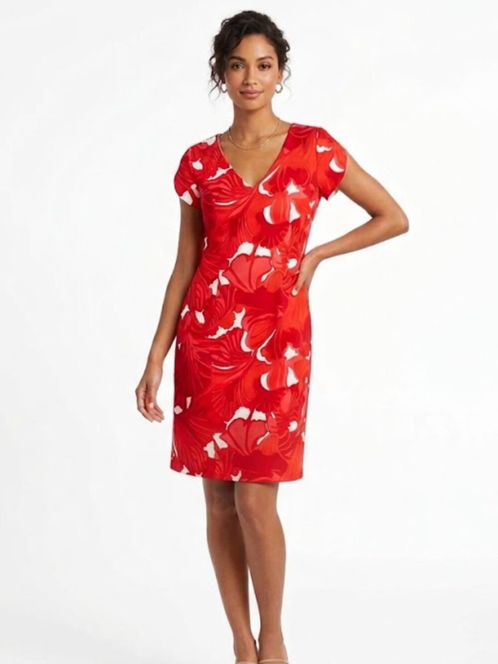 Trina Turk Floral V Neck Shift Dress Rayon Cotton Blend Size 10